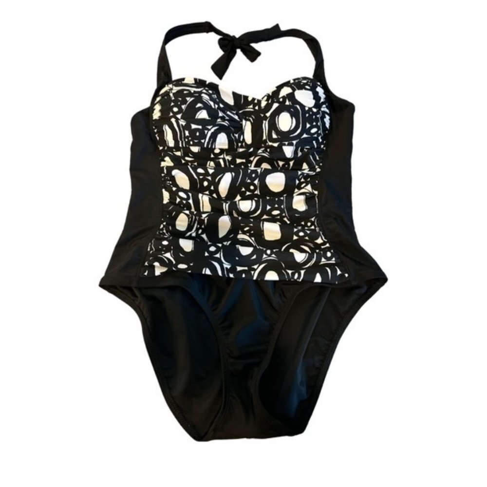 La Blanca Black/White Floral Halter Ruched Shirred Swimwear Size 12 EUC #7558 - Picture 8 of 11